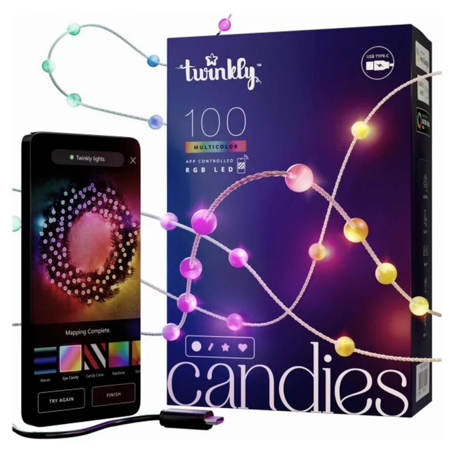 Twinkly Candies TWKP100RGB-G 6 m 100 RGB LED pärlikujuline nutivalguskett sise- ja välistingimustesse, mitmevärviline, Wi-Fi ja Bluetooth, hämardatav