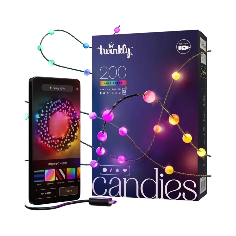 Twinkly Candies TWKP200RGB-G 6 m 200 RGB LED nutikad pärlkett-tulukesed, Wi-Fi/Bluetooth, mitmevärviline, USB-C, siseruumides kasutamiseks – 6