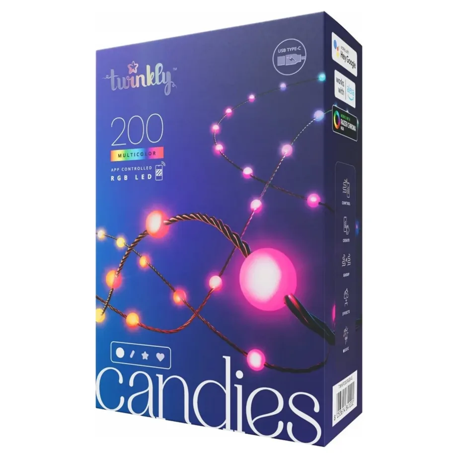 Twinkly Candies TWKP200RGB-G 6 m 200 RGB LED nutikad pärlkett-tulukesed, Wi-Fi/Bluetooth, mitmevärviline, USB-C, siseruumides kasutamiseks