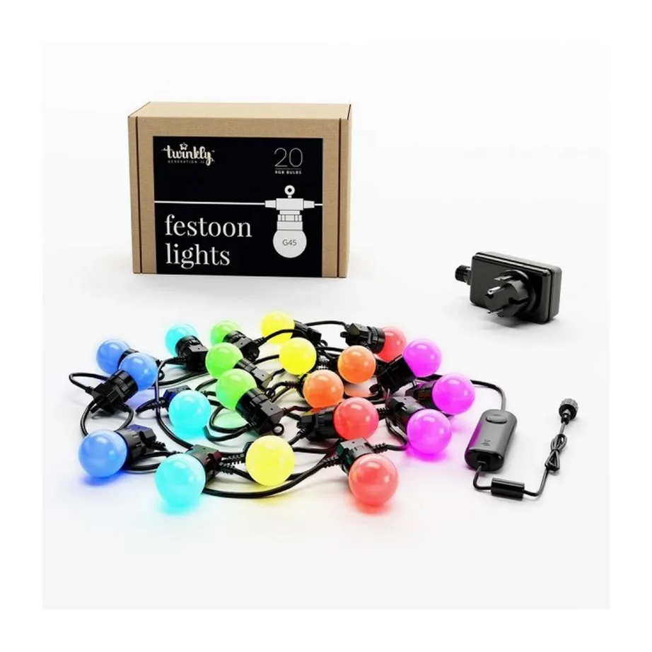 Twinkly Festoon TWF020STP-BEU 20 RGB LED 10 m nutikad värvilised valgusketid sise- ja välistingimustesse, must kaabel, Apple HomeKit/Google Assistant/Amazon Alexa ühilduvus