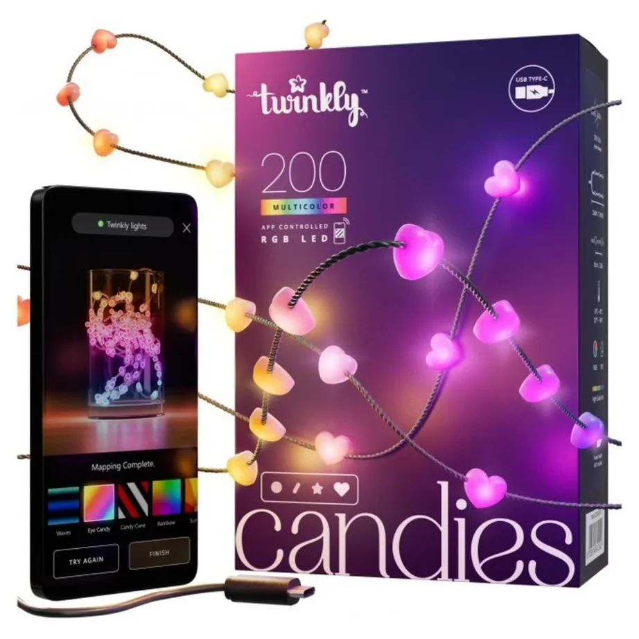 Twinkly TWKH200RGB-G 6 m 200 RGB LED südamekujulised siseruumide jõulutuled WiFi/Bluetooth-iga, hämardatavad, nutijuhtimine