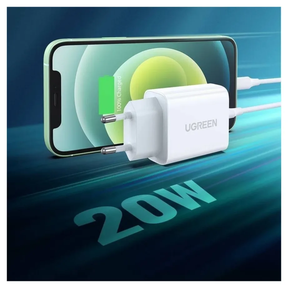 UGREEN 20W valge USB-C PD 3.0 kiirlaadija, 1 port, universaalne AC-seinalaadija – 4