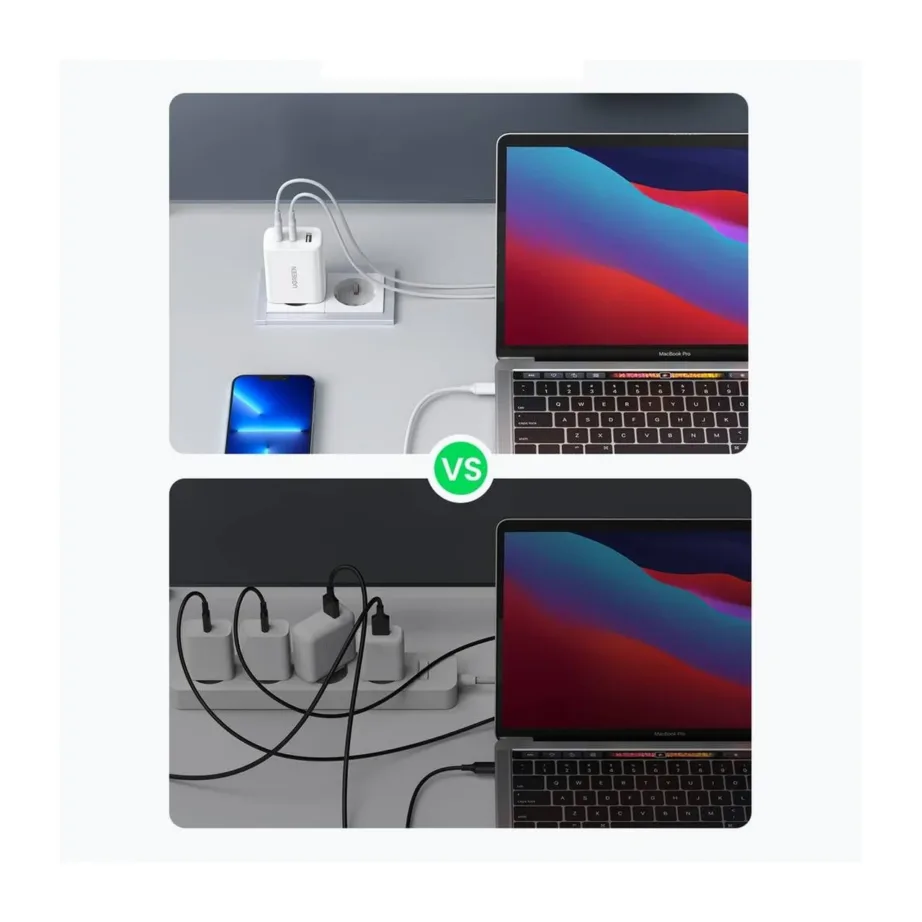 Ugreen CD275 65W valge seinalaadija, 2× USB-C ja USB-A, AC-vool, mobiiltelefonidele – 3