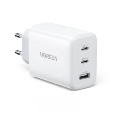 Ugreen CD275 65W valge seinalaadija, 2× USB-C ja USB-A, AC-vool, mobiiltelefonidele