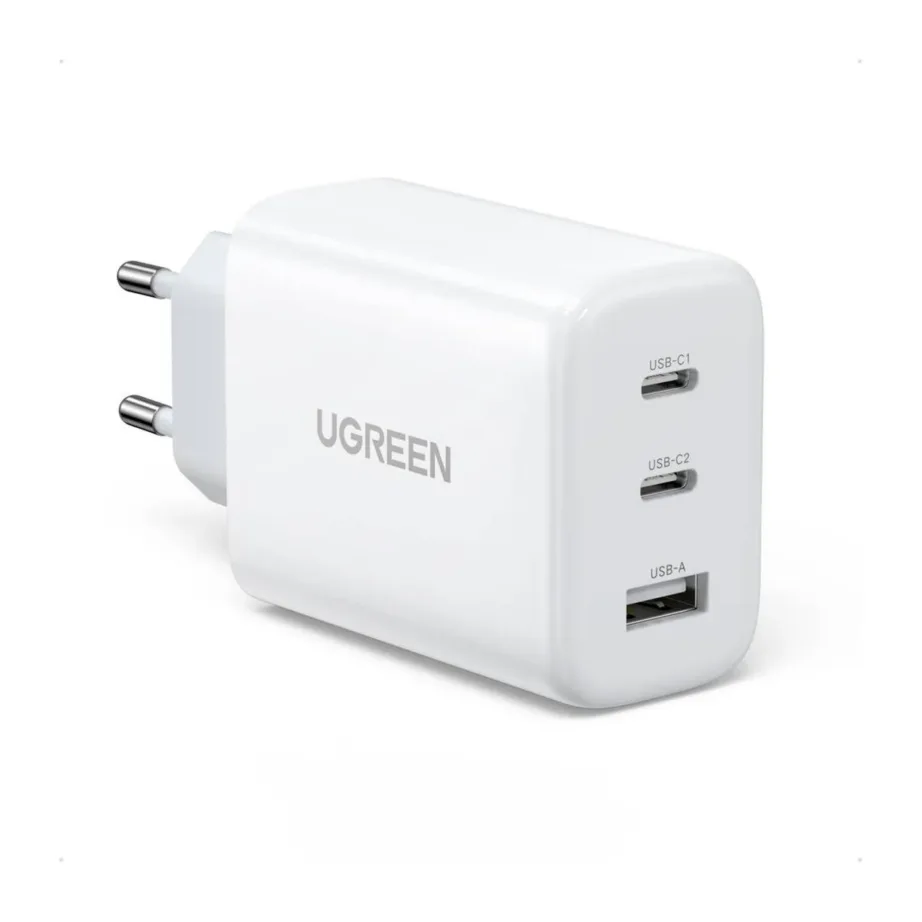Ugreen CD275 65W valge seinalaadija, 2× USB-C ja USB-A, AC-vool, mobiiltelefonidele