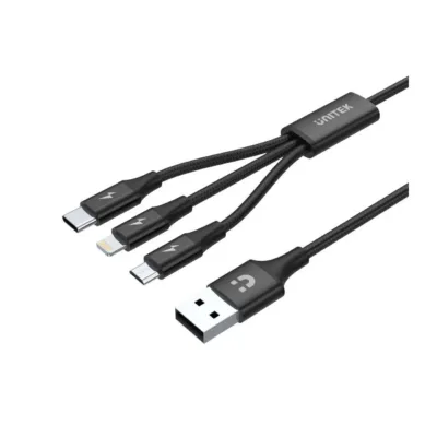 UNITEK C14049BK 1,2 m must USB 2.0 kaabel USB-C, Micro-USB B ja Lightning liidestega (2,4 A)