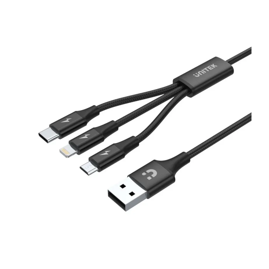 UNITEK C14049BK 1,2 m must USB 2.0 kaabel USB-C, Micro-USB B ja Lightning liidestega (2,4 A)