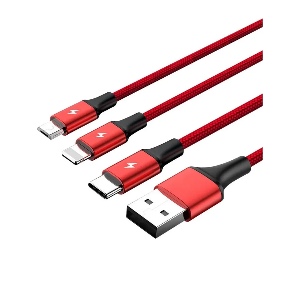 UNITEK C4049RD 1,2 m punane USB A–USB-C/Micro-USB/Lightning 3-ühes laadimiskaabel