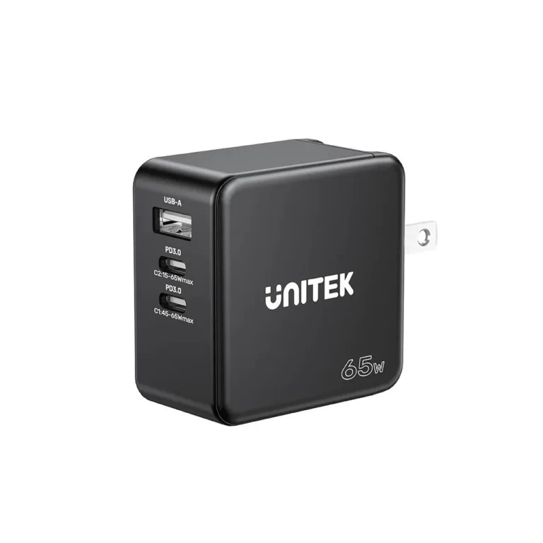 UNITEK P1117B 65W must universaalne seinalaadija 2x USB-C PD ja USB-A, 3,25A, 53x53x29,5 mm