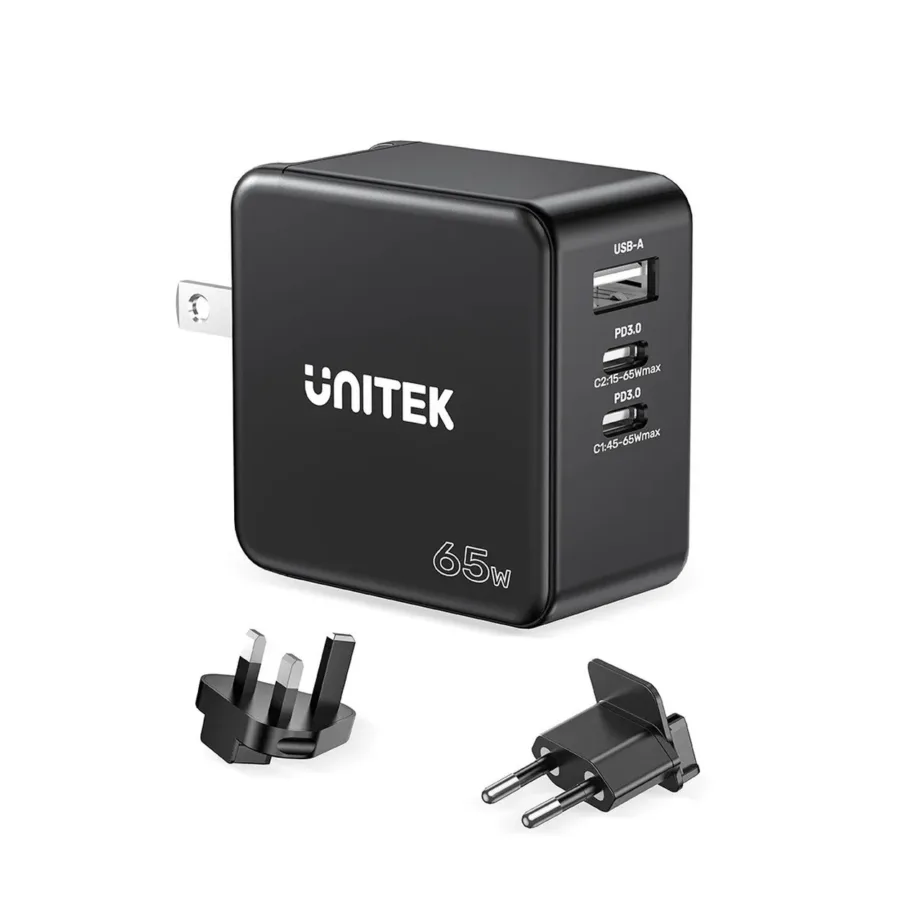 UNITEK P1117B 65W must universaalne seinalaadija 2x USB-C PD ja USB-A, 3,25A, 53x53x29,5 mm