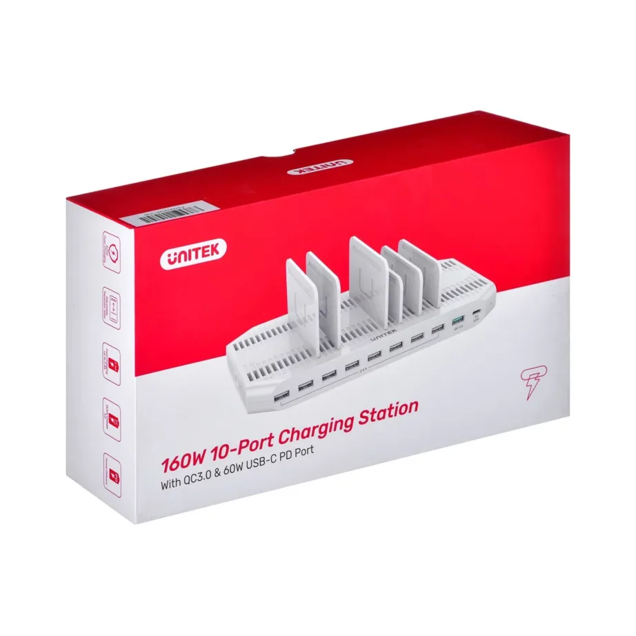 Unitek Y-2190 160W universaalne 10-pordiline USB laadimisjaam (1x USB-C, 9x USB-A, kiirlaadimine, valge, ABS-alumiiniumkorpus, countertop-paigaldus) – 3