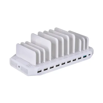 Unitek Y-2190 160W universaalne 10-pordiline USB laadimisjaam (1x USB-C, 9x USB-A, kiirlaadimine, valge, ABS-alumiiniumkorpus, countertop-paigaldus)