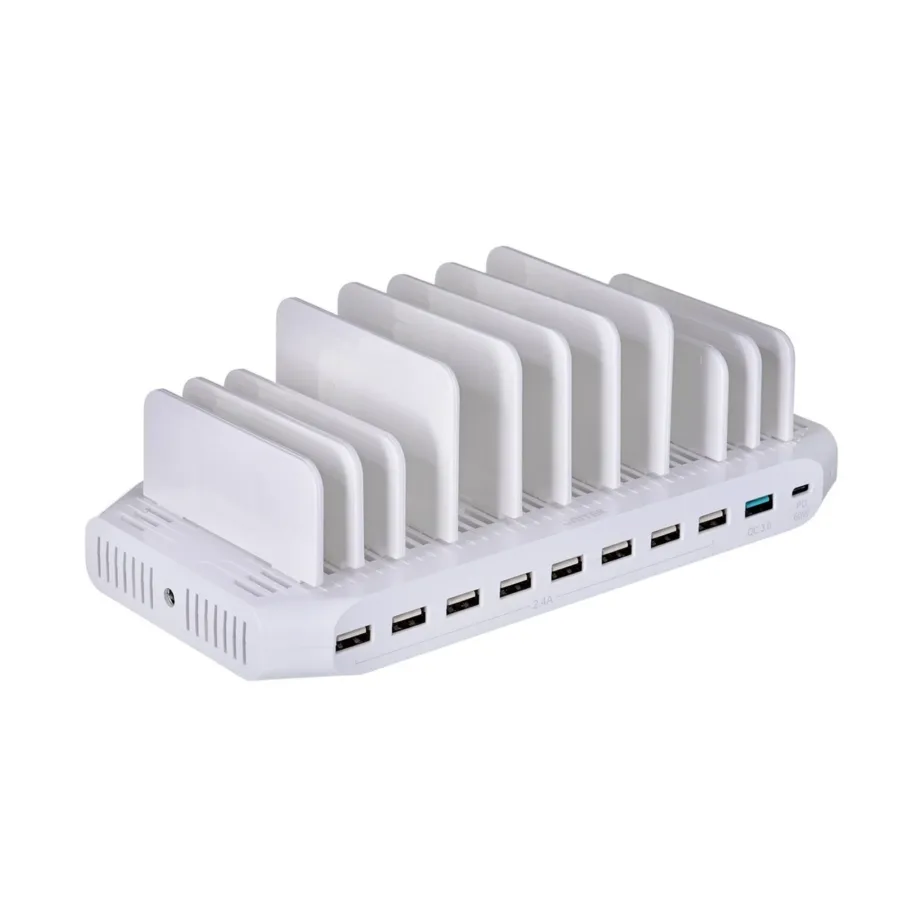 Unitek Y-2190 160W universaalne 10-pordiline USB laadimisjaam (1x USB-C, 9x USB-A, kiirlaadimine, valge, ABS-alumiiniumkorpus, countertop-paigaldus)