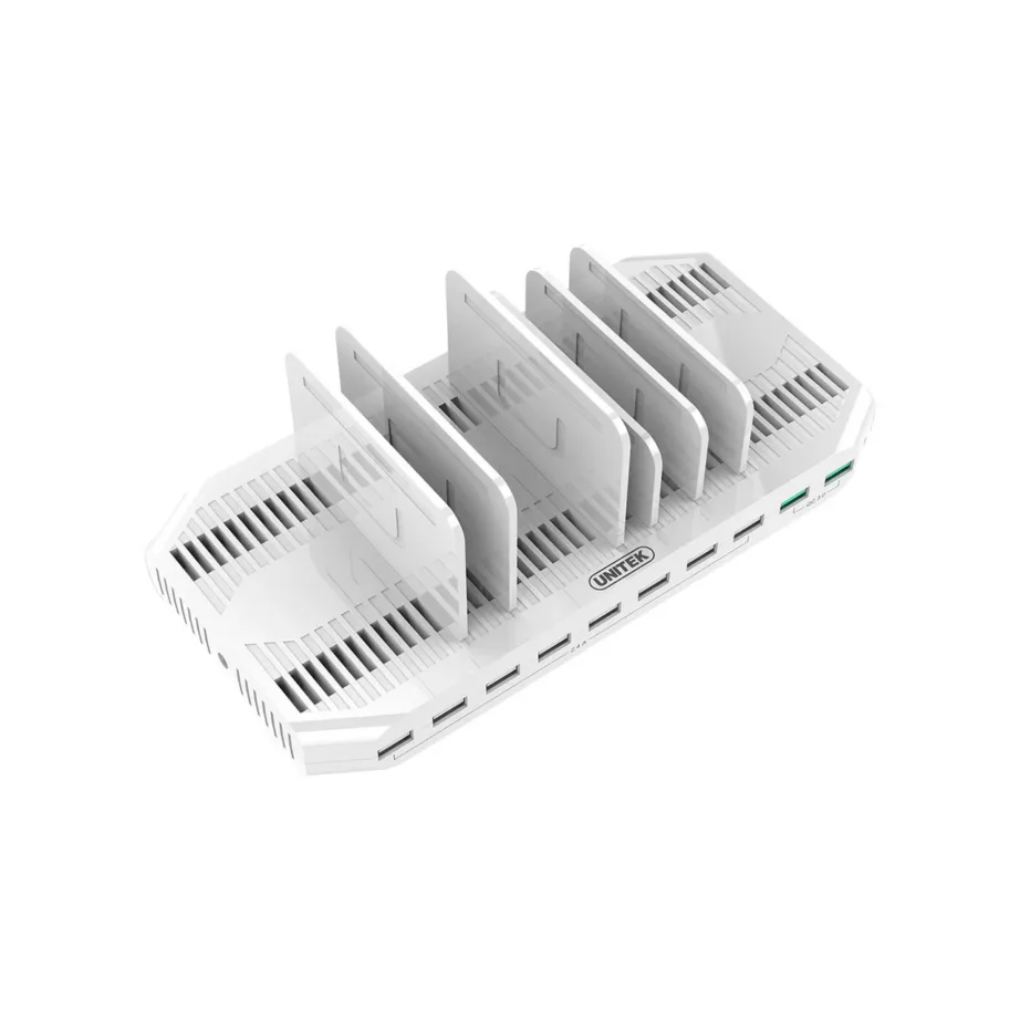 UNITEK Y-2190A 10-pordiline valge USB-laadimisjaam 96 W, 2x USB 3.2, 8x USB 2.0, kiirlaadimine, juhtmevaba laadimine, 280x119x30 mm