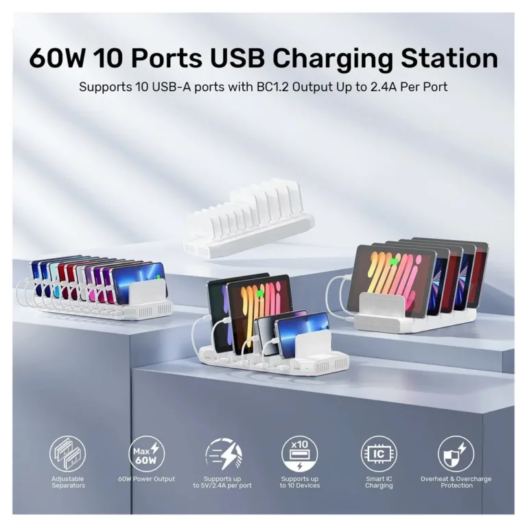 UNITEK Y-2190D01-EU 10 USB pordiga 60W valge laadimisjaam, lauale, voolukaitsega