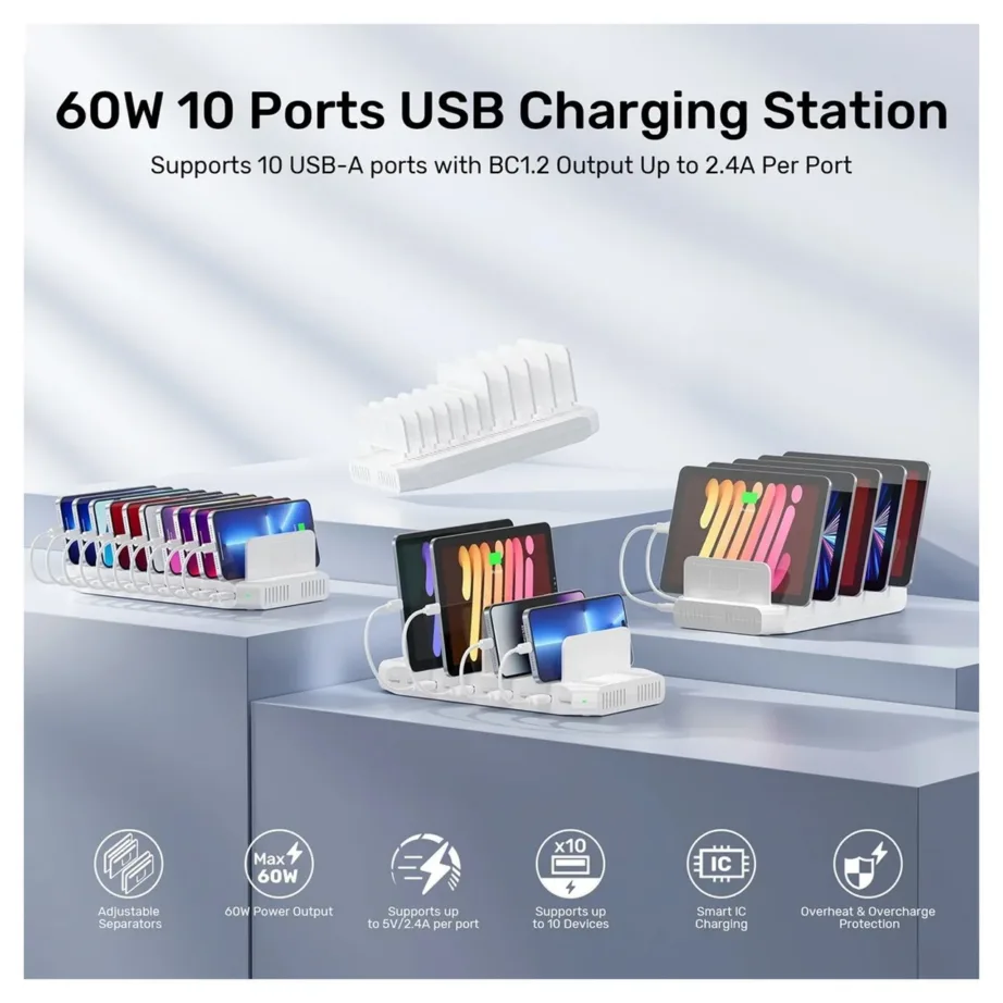 UNITEK Y-2190D01-EU 10 USB pordiga 60W valge laadimisjaam, lauale, voolukaitsega – 6