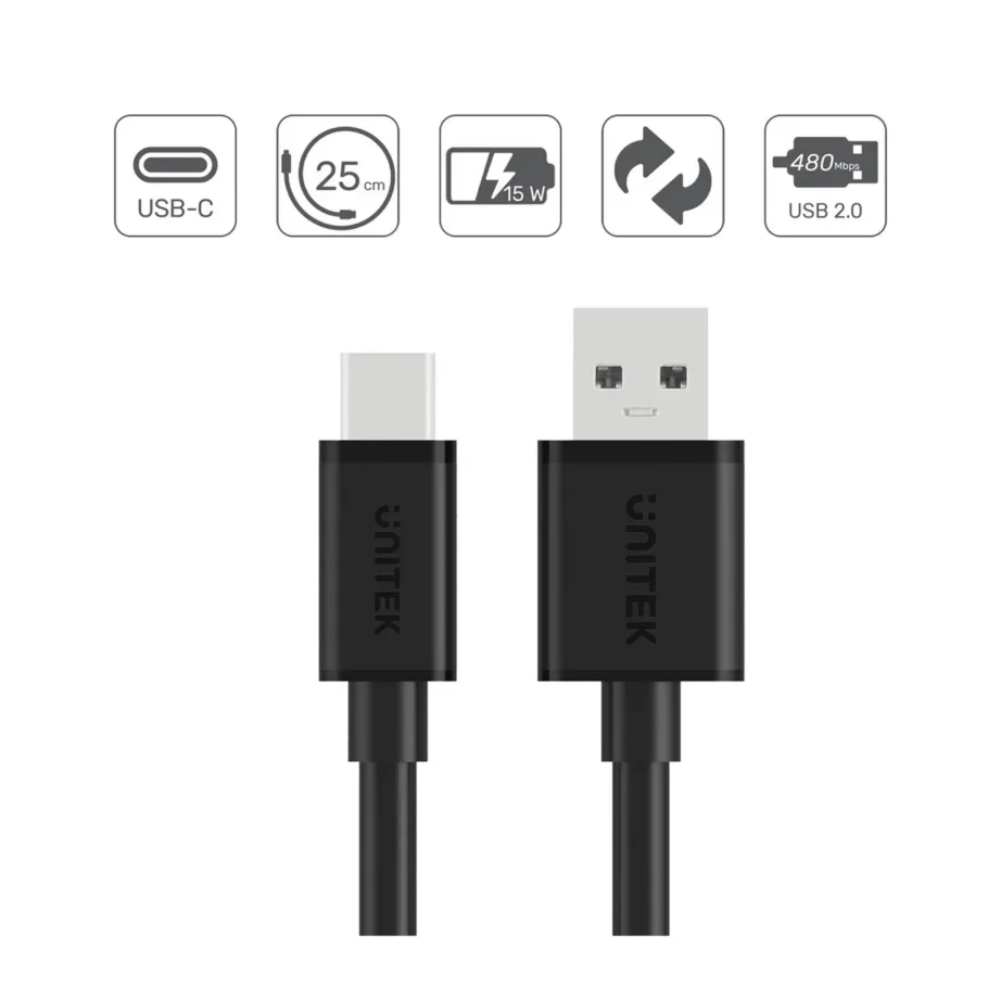 UNITEK Y-C480BK 0,25 m USB-A (isane) – USB-C (isane) valge andme- ja laadimiskaabel, 3A, 9V – 4