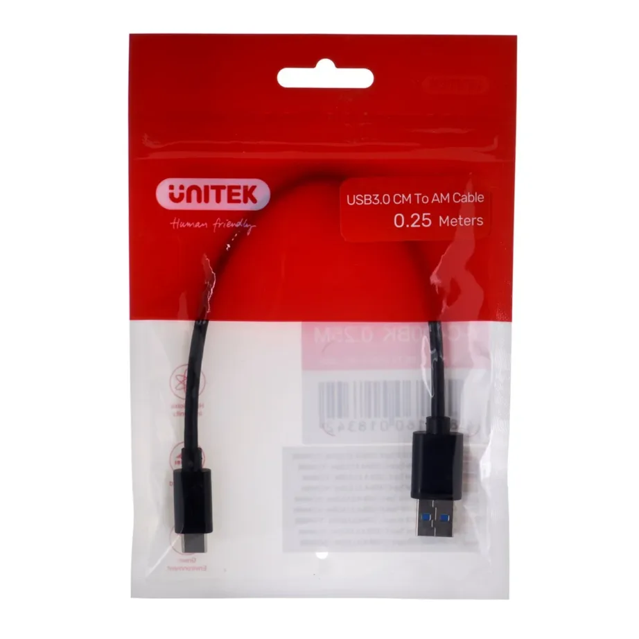 UNITEK Y-C490BK 0,25 m must USB-C–USB-A 3.0 (3.1 Gen 1) kaabel