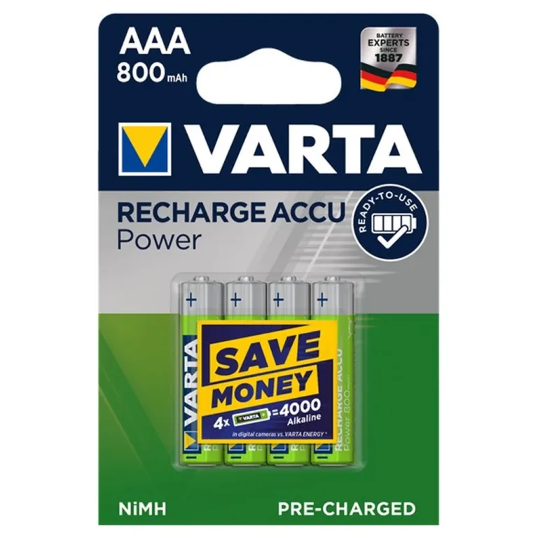 VARTA 56703101404 800 mAh NiMH AAA laetavad akud, 1.2V, 4 tk, roheline/sinine