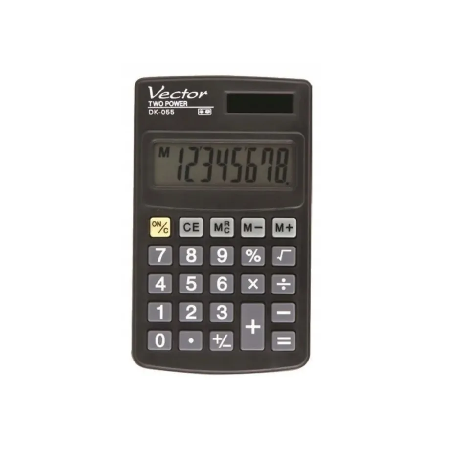 Vector DK-055 must 8-kohaline taskukalkulaator patarei/päikesetoitega, plastkorpus, 102x61x8 mm
