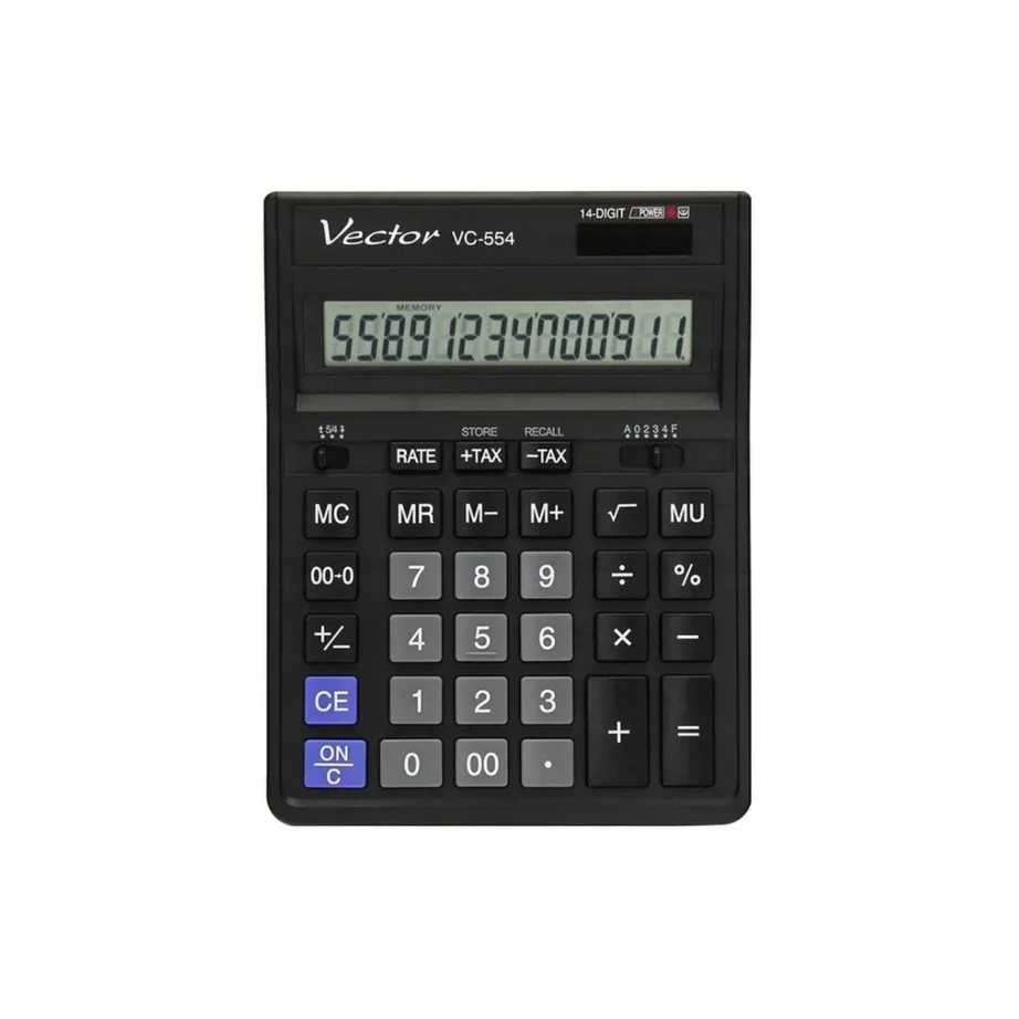 Vector KAV VC-554X 14-kohaline must kontorikalkulaator, 153x199 mm, patarei- ja päikesetoitega