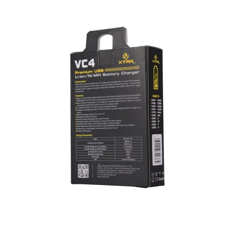 XTAR VC4SL 4-pesaline must akulaadija Li-ion, Ni-MH ja Ni-CD akudele, DC sisend, 156x115,5x35 mm