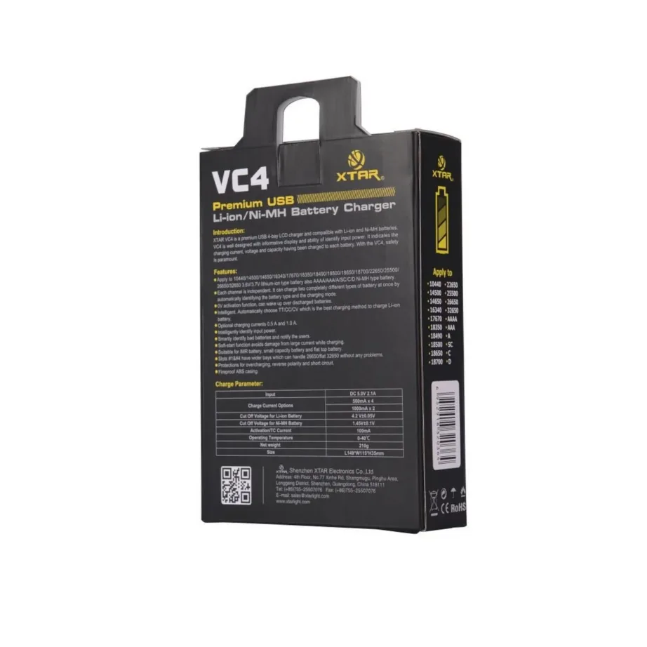 XTAR VC4SL 4-pesaline must akulaadija Li-ion, Ni-MH ja Ni-CD akudele, DC sisend, 156×115,5×35 mm – 8