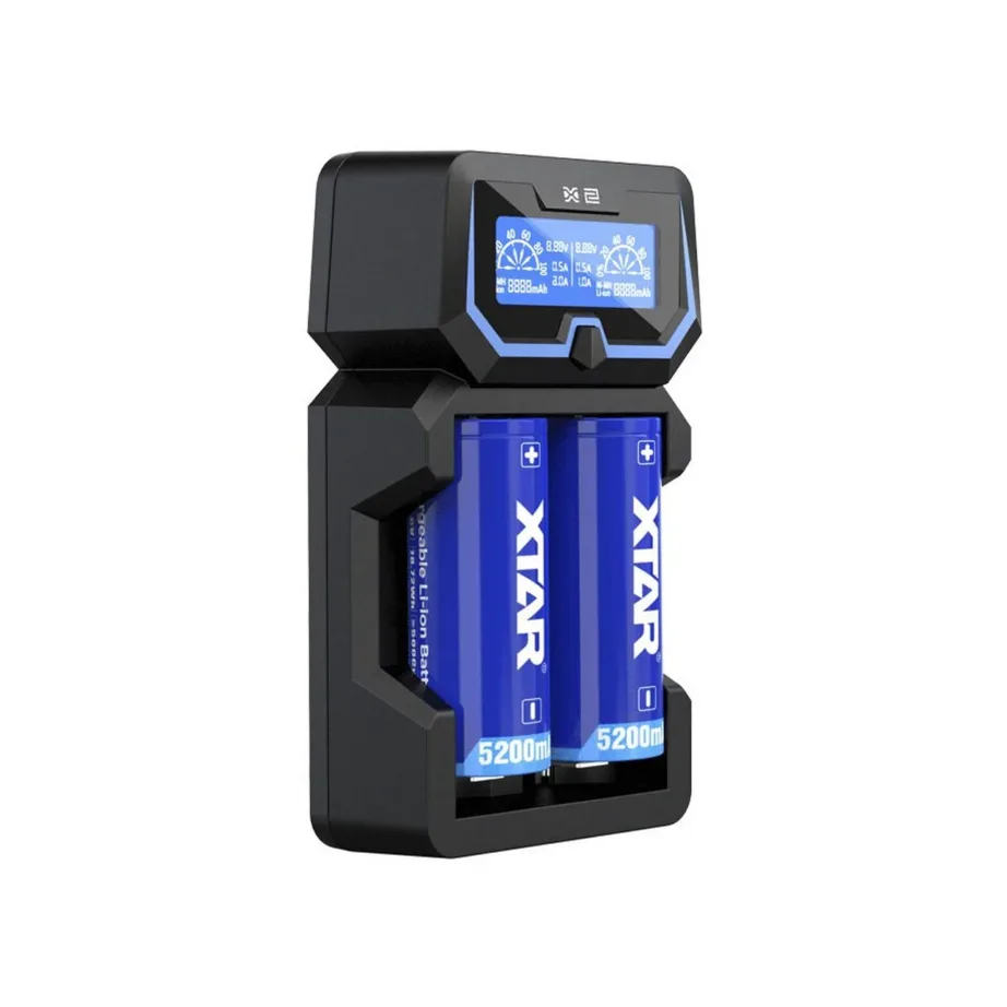 XTAR X2 must DC 2-pesaline Li-ion akulaadija, mõõtmed 135x75x38 mm, kodupatareidele – 3