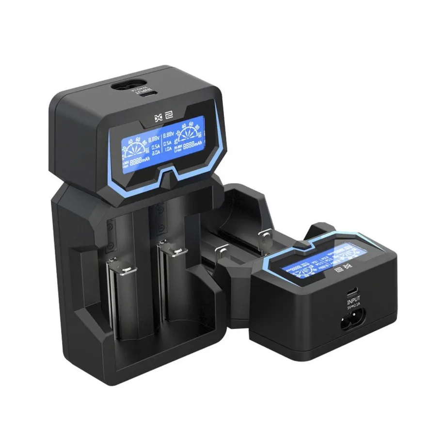 XTAR X2 must DC 2-pesaline Li-ion akulaadija, mõõtmed 135x75x38 mm, kodupatareidele – 4