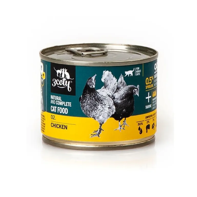 3COTY 02 180g märgtoit kanaliha ja spirulinaga täiskasvanud kassile, allergiavaba, gluteeni- ja teraviljavaba konserv