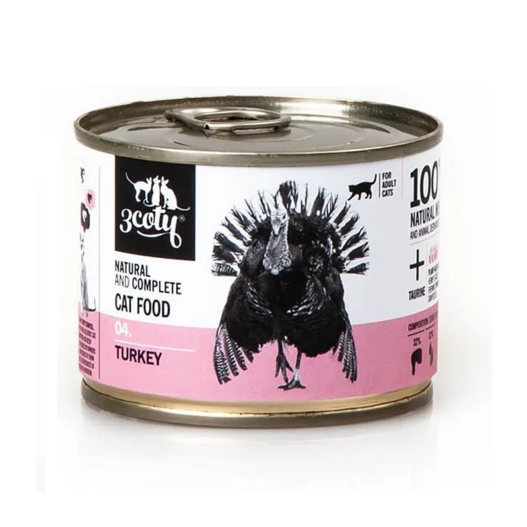 3coty 04 Turkey 180g kalkunilihaga gluteenivaba täissööt täiskasvanud kassile, monoproteiin, konserv