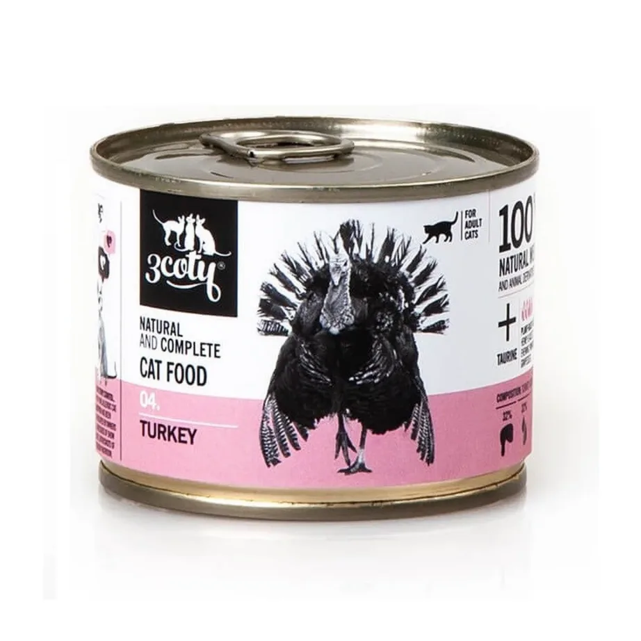 3coty 04 Turkey 180g kalkunilihaga gluteenivaba täissööt täiskasvanud kassile, monoproteiin, konserv