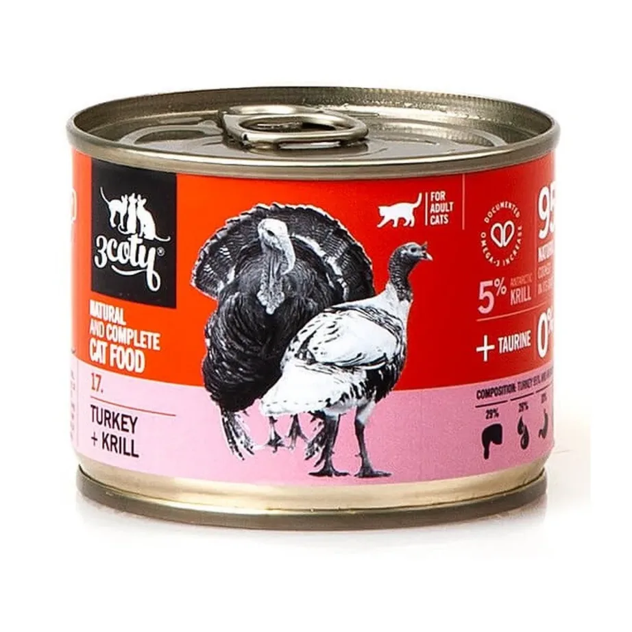 3COTY 17 180g kalkuni ja krilliga täissööt, märg kassitoit täiskasvanud kassile, allergiavaba, gluteeni- ja teraviljavaba