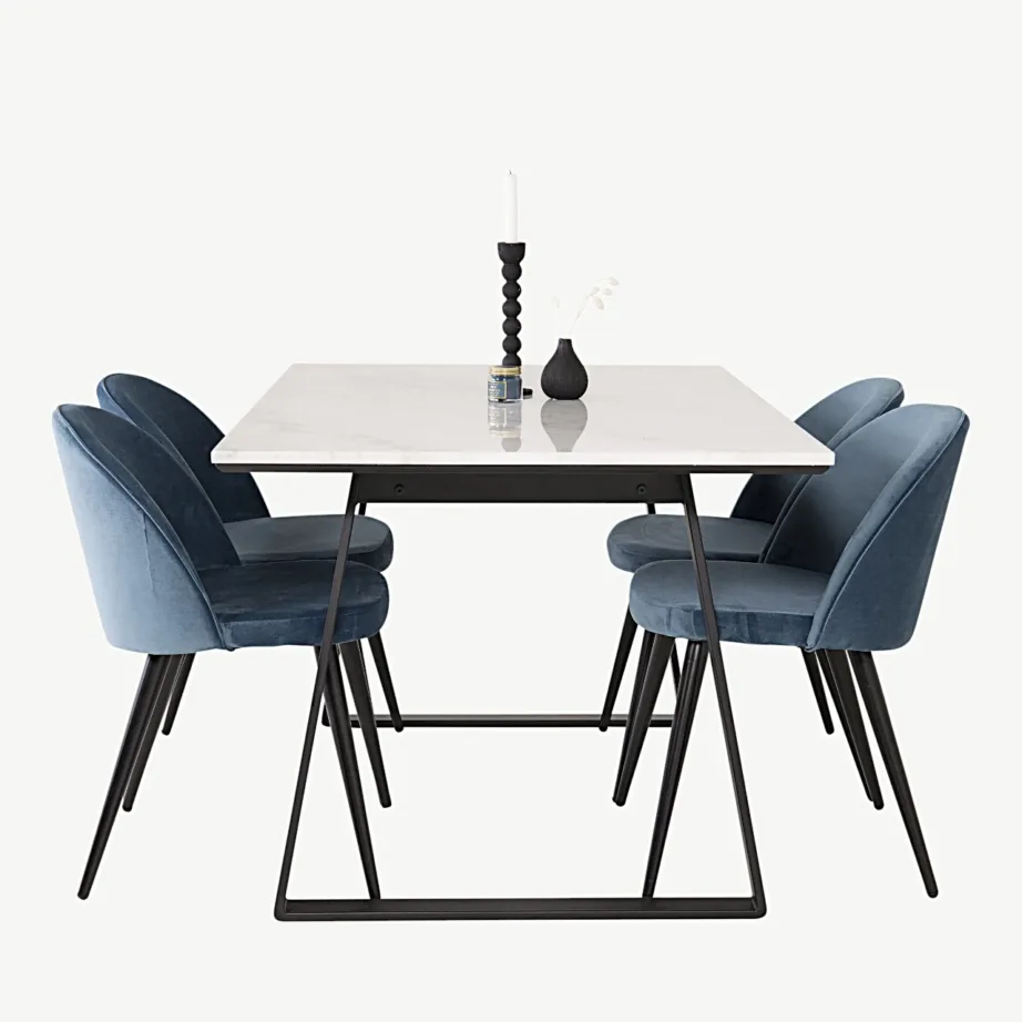 Estelle söögilauakomplekt marmorlauaplaadi ja siniste velvettoolidega (1 laud, 4 tooli), GR14001 – 3