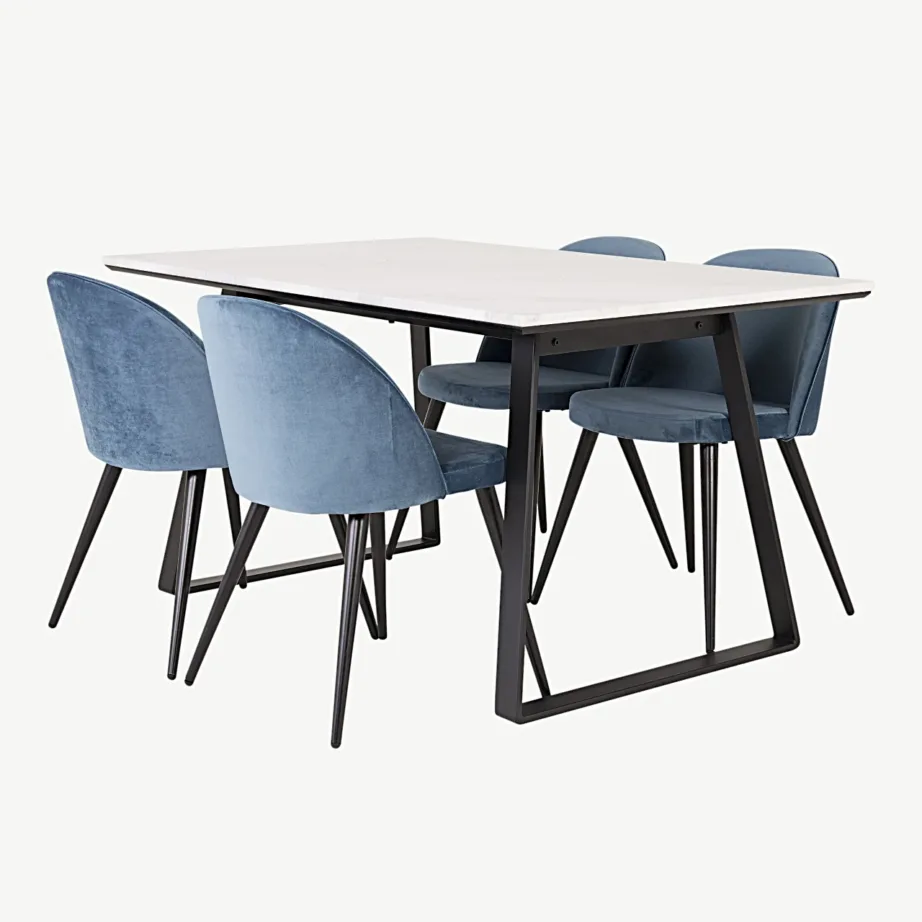 Estelle söögilauakomplekt marmorlauaplaadi ja siniste velvettoolidega (1 laud, 4 tooli), GR14001 – 4