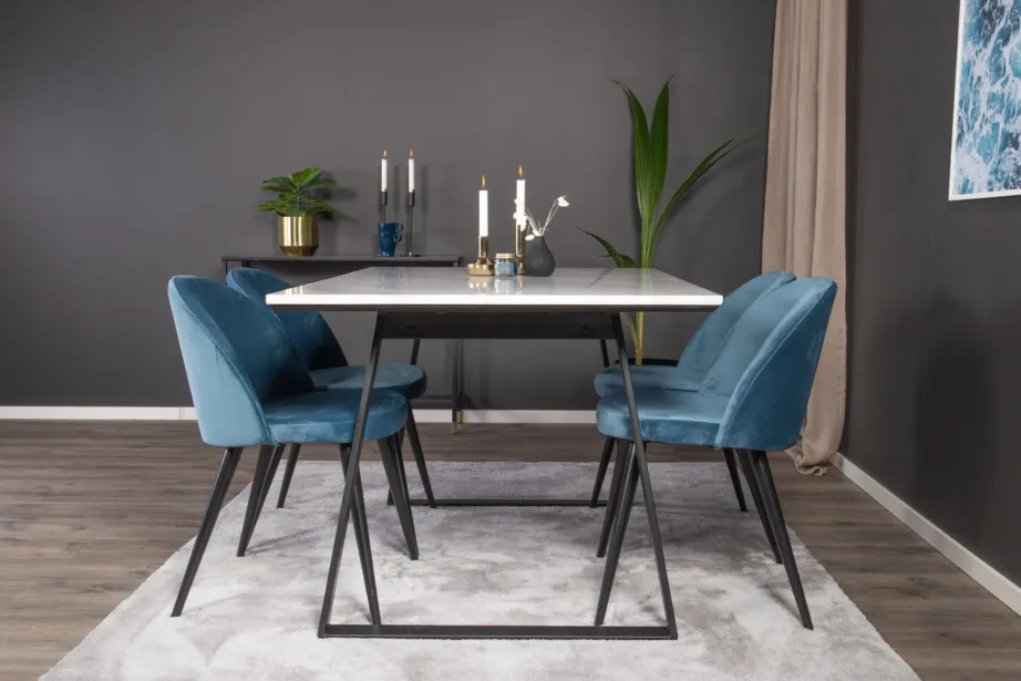 Estelle söögilauakomplekt marmorlauaplaadi ja siniste velvettoolidega (1 laud, 4 tooli), GR14001 – 5