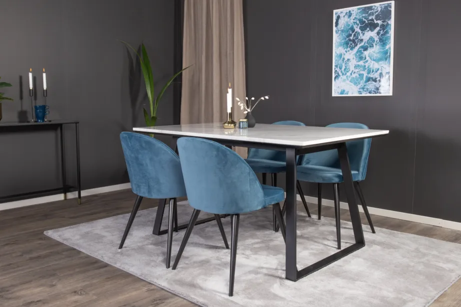 Estelle söögilauakomplekt marmorlauaplaadi ja siniste velvettoolidega (1 laud, 4 tooli), GR14001 – 6