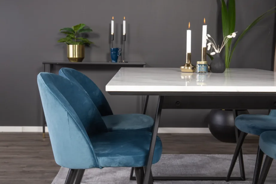 Estelle söögilauakomplekt marmorlauaplaadi ja siniste velvettoolidega (1 laud, 4 tooli), GR14001 – 7