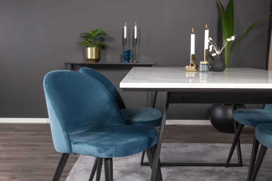 Estelle söögilauakomplekt marmorlauaplaadi ja siniste velvettoolidega (1 laud, 4 tooli), GR14001 – 8