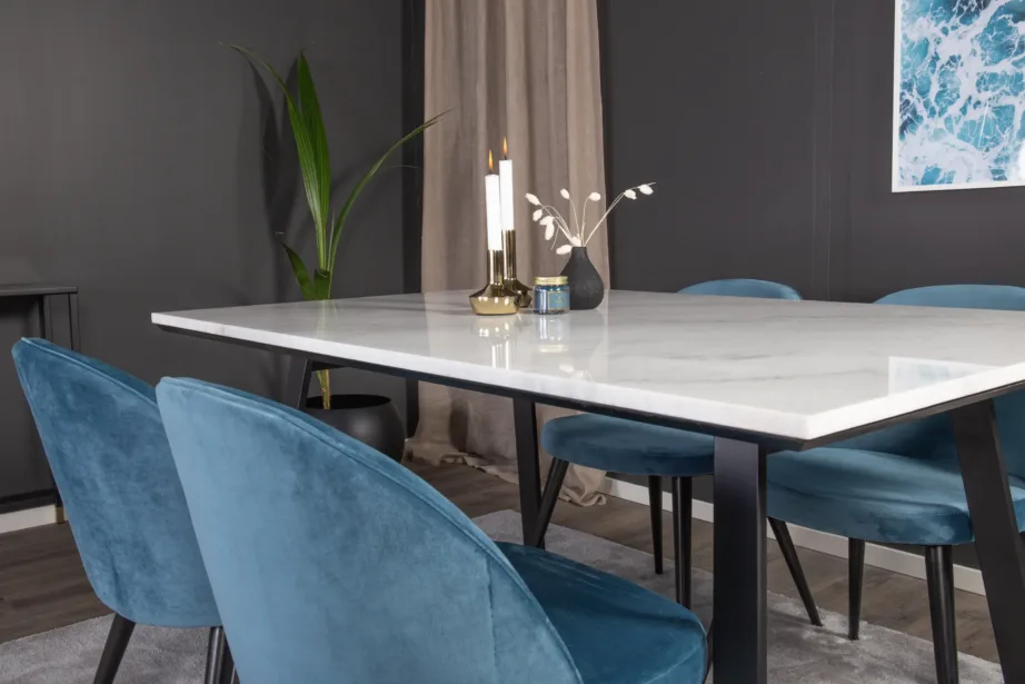 Estelle söögilauakomplekt marmorlauaplaadi ja siniste velvettoolidega (1 laud, 4 tooli), GR14001 – 9
