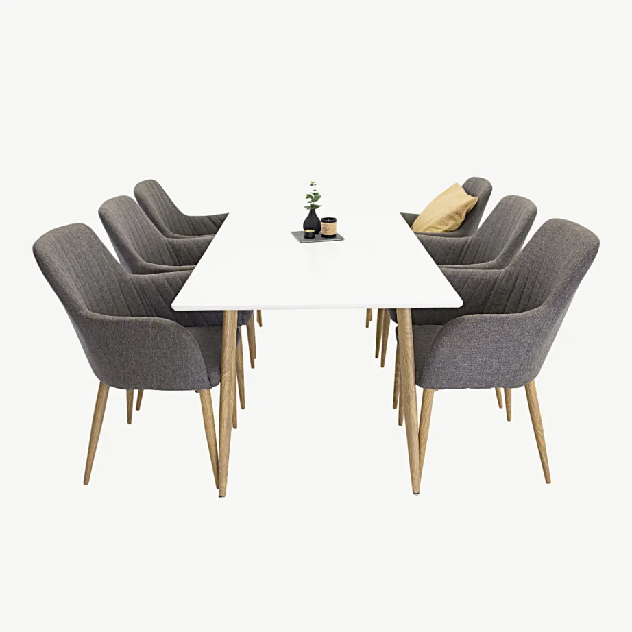 Polar söögilauakomplekt valge MDF lauaplaadi ja tumehallide kangast toolidega, GR14280-450 – 2