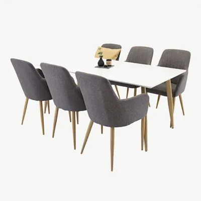 Polar söögilauakomplekt valge MDF lauaplaadi ja tumehallide kangast toolidega - GR14280-450