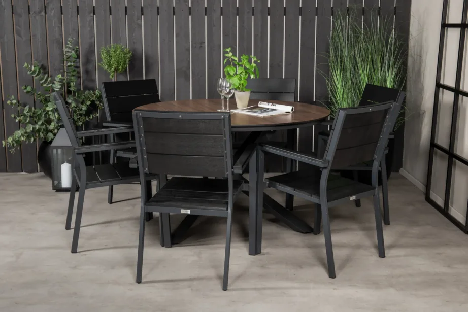 Llama ümmargune aiamööblikomplekt – pruun HPL laud ja mustad alumiinium-puitplastist toolid, 6 kohaline, GR18524 – 3