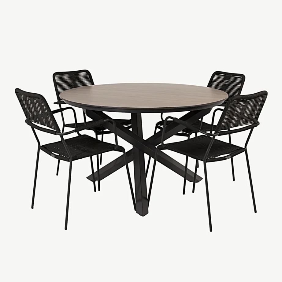 Ümmargune söögilaud Llama (HPL, ø140 cm) ja Lindos punutud toolid musta raamiga õue, GR19261