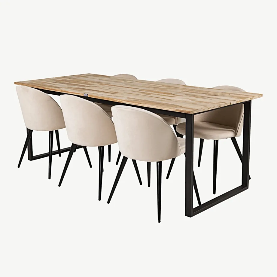 Cireboni tiigipuust söögilaud musta terasraamiga ja beežide Velvet toolidega, GR19314 – 2