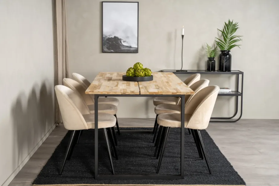 Cireboni tiigipuust söögilaud musta terasraamiga ja beežide Velvet toolidega, GR19314 – 5