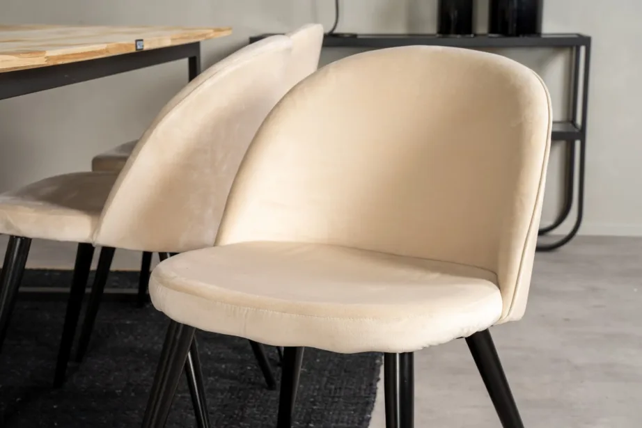 Cireboni tiigipuust söögilaud musta terasraamiga ja beežide Velvet toolidega, GR19314 – 8