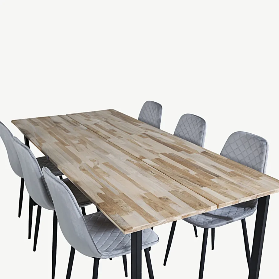 Cirebon ristkülikukujulise tiigipuidust söögilaua ja hallide velvetkattega Polar toolide komplekt (200×90 cm), GR19747 – 4