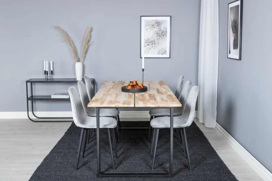 Cirebon ristkülikukujulise tiigipuidust söögilaua ja hallide velvetkattega Polar toolide komplekt (200×90 cm), GR19747 – 5