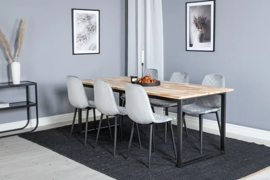 Cirebon ristkülikukujulise tiigipuidust söögilaua ja hallide velvetkattega Polar toolide komplekt (200×90 cm), GR19747 – 6